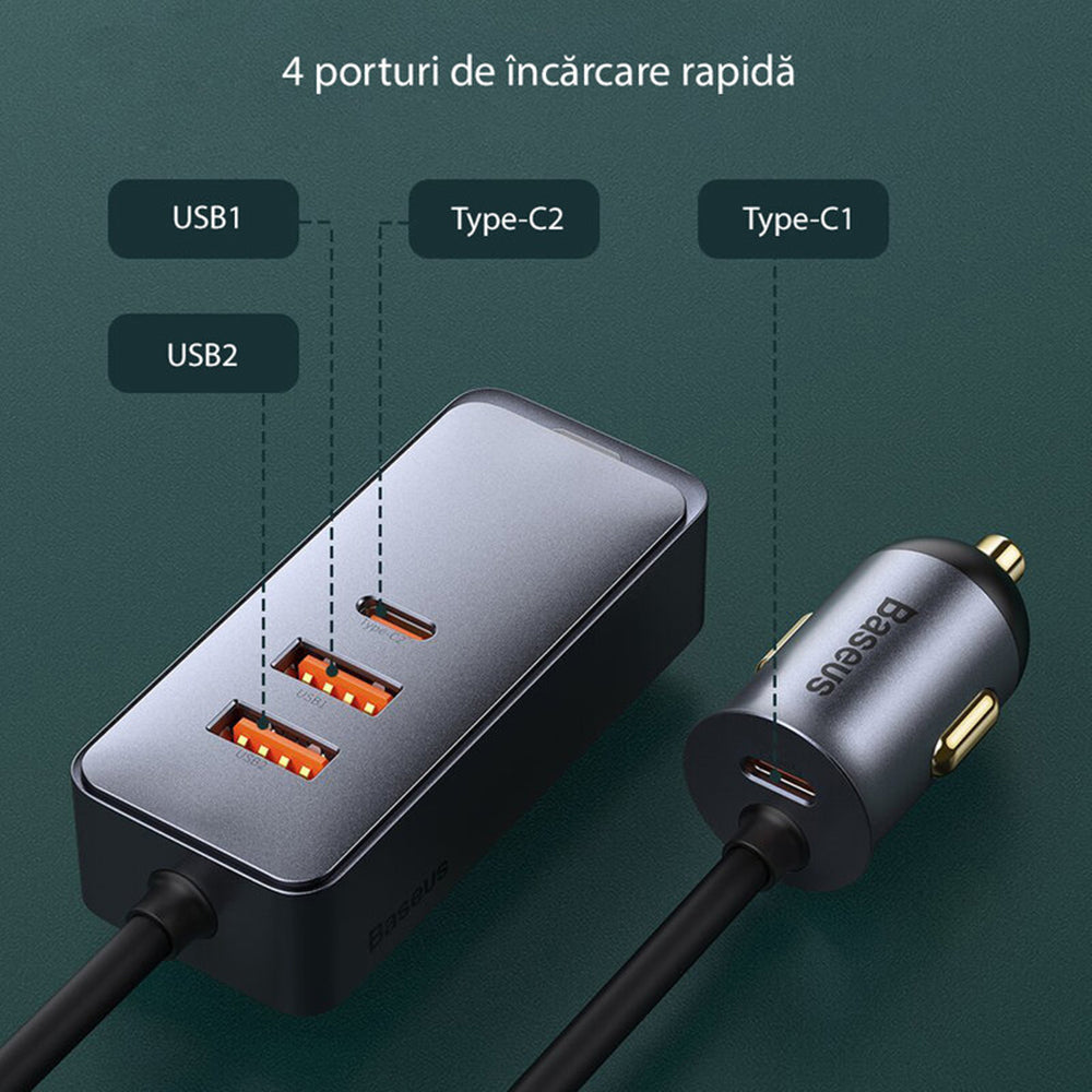 Baseus - Car Charger Share Together (CCBT-A0G) - Port Extension, 2x USB, 2x Type-C, Fast Charging, 120W - Gray