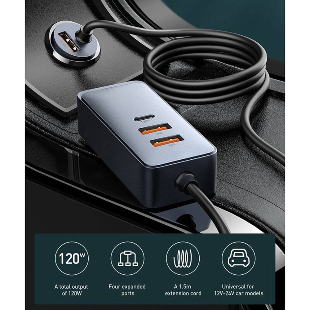 Baseus - Car Charger Share Together (CCBT-A0G) - Port Extension, 2x USB, 2x Type-C, Fast Charging, 120W - Gray