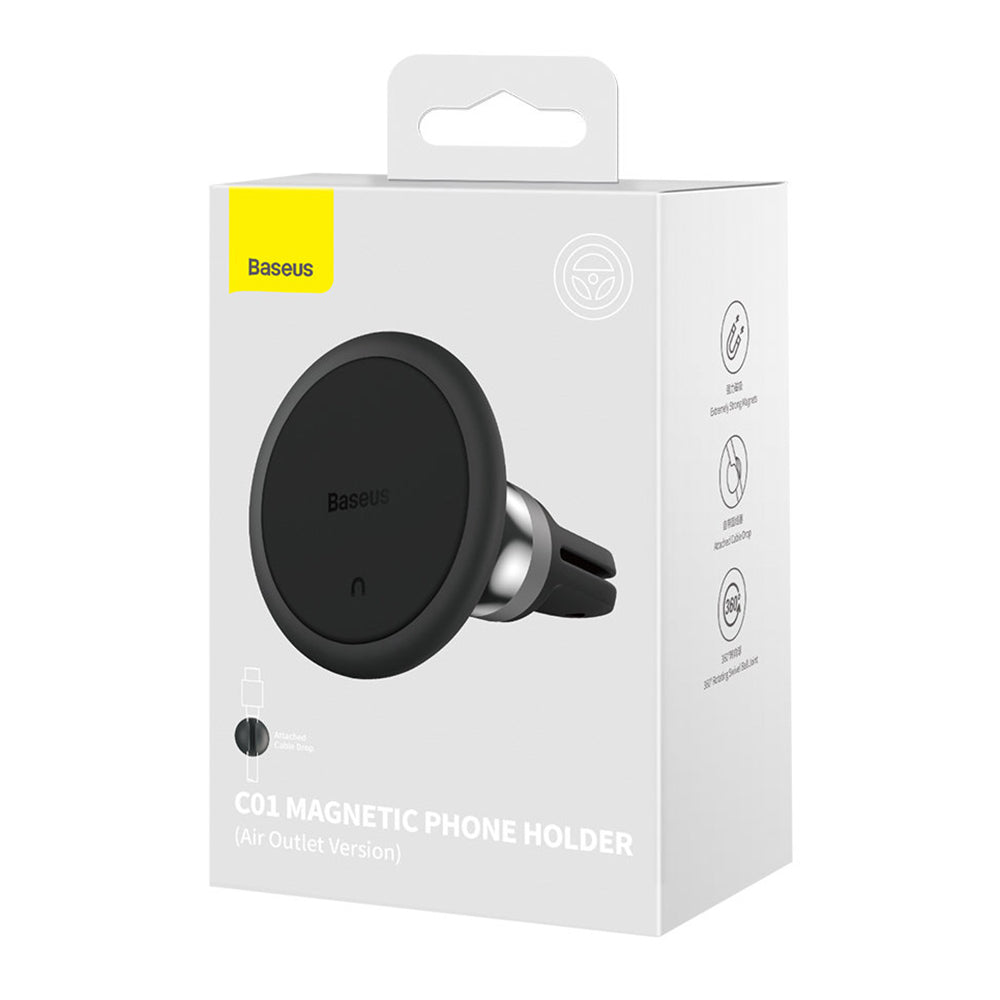 Baseus - Car Holder C01 (C40140802113-00) - 360° Magnetic, for Air Vent, Attached Cable Drop - Black