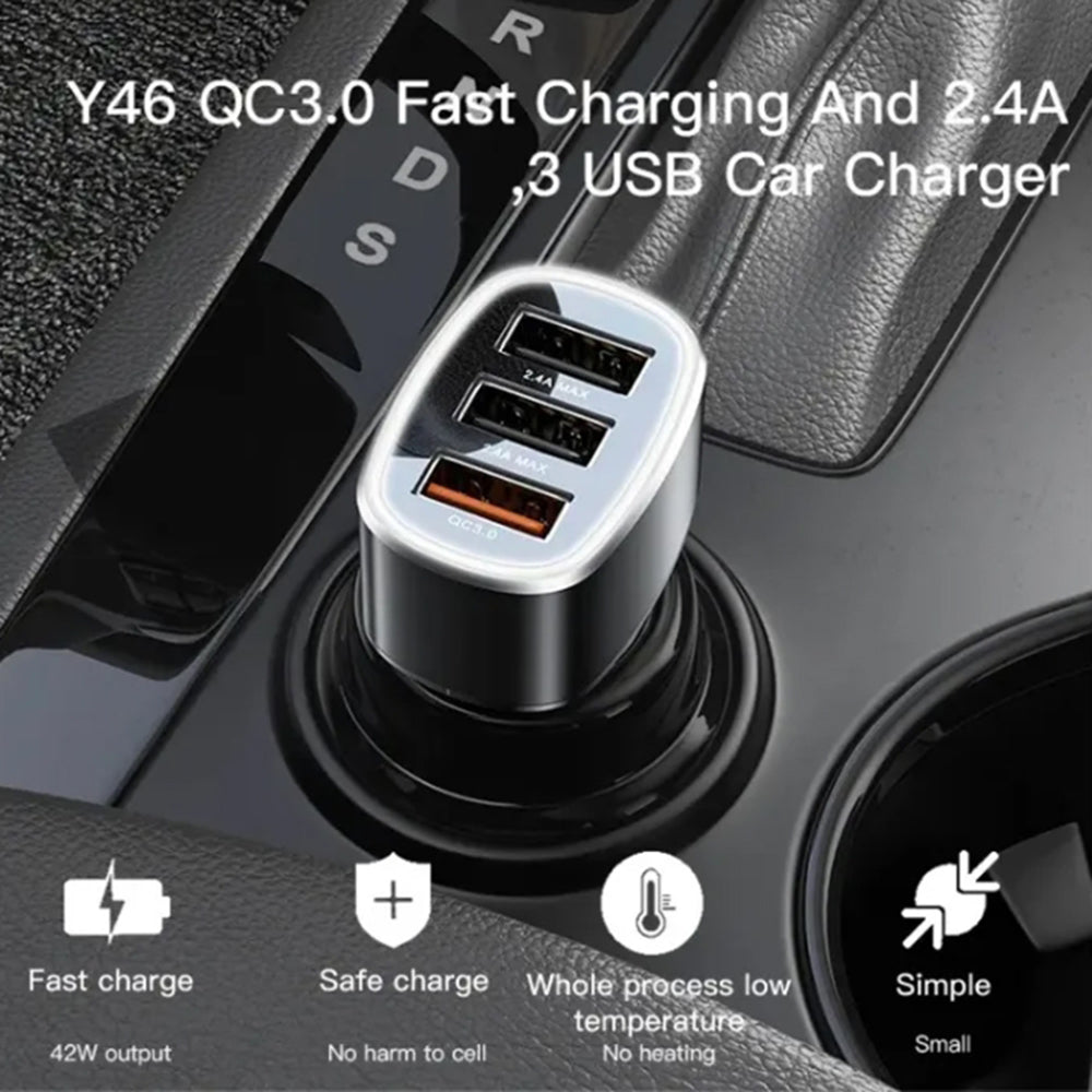 Yesido - Car Charger (Y46) - 3x USB, 2.4A, Q.C3.0, Fast Charging, 42W - Black