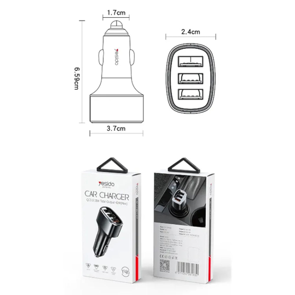 Yesido - Car Charger (Y46) - 3x USB, 2.4A, Q.C3.0, Fast Charging, 42W - Black