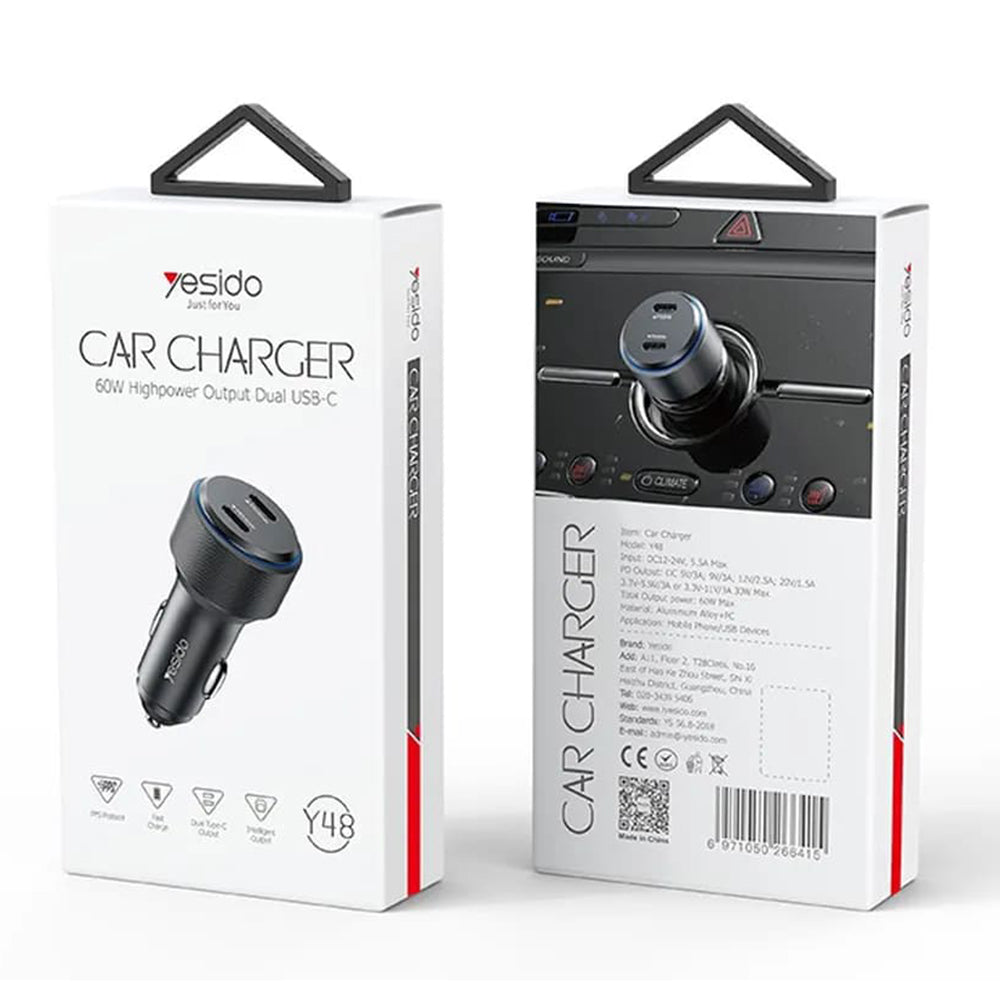 Yesido - Car Charger (Y48) - 2x Type-C, Fast Charging, 60W - Black