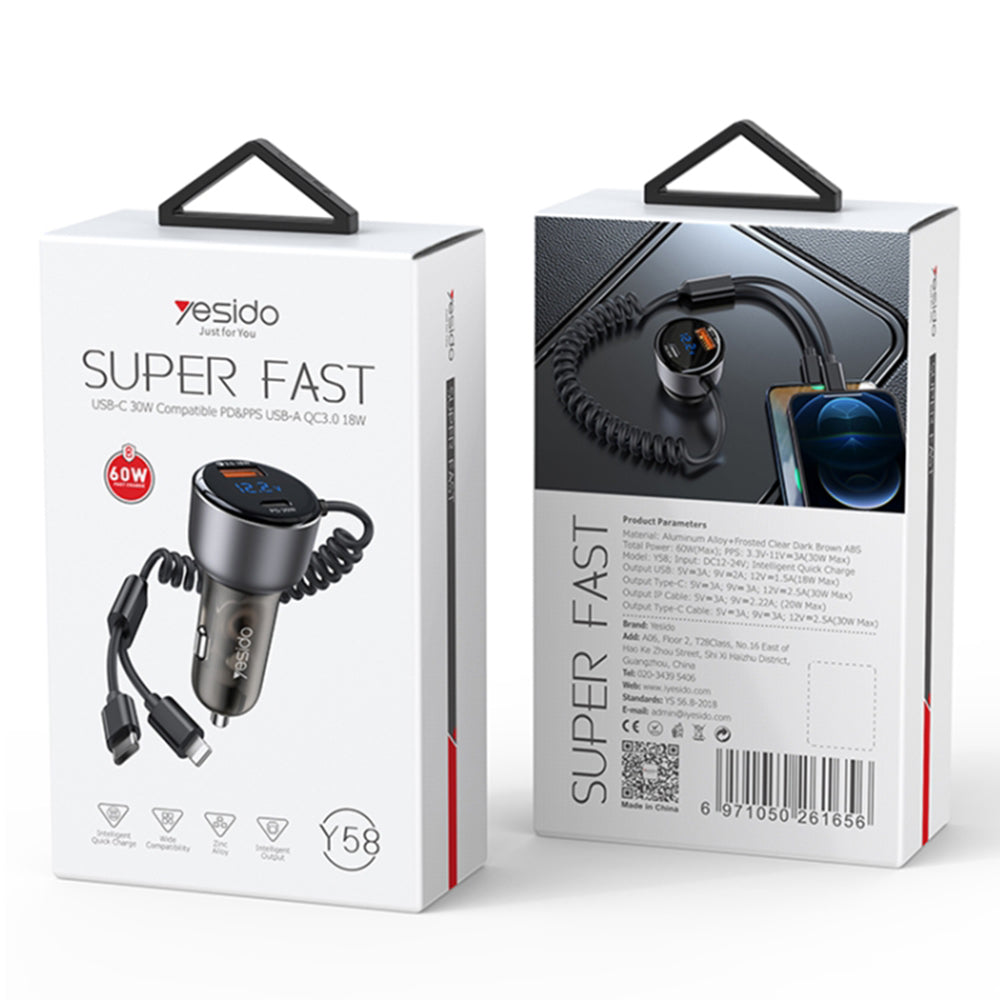 Yesido - Car Charger (Y58) - USB, Type-C, with Cable Lightning, Type-C, Fast Charging, 60W, 120cm - Grey