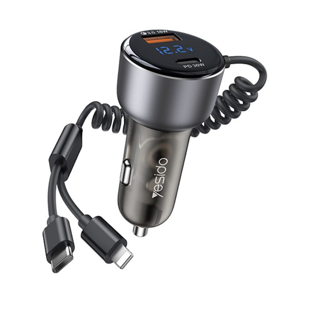 Yesido - Car Charger (Y58) - USB, Type-C, with Cable Lightning, Type-C, Fast Charging, 60W, 120cm - Grey