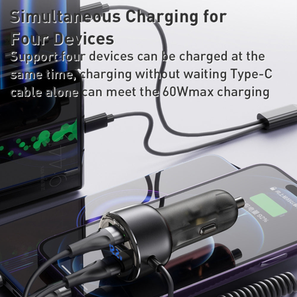 Yesido - Car Charger (Y58) - USB, Type-C, with Cable Lightning, Type-C, Fast Charging, 60W, 120cm - Grey