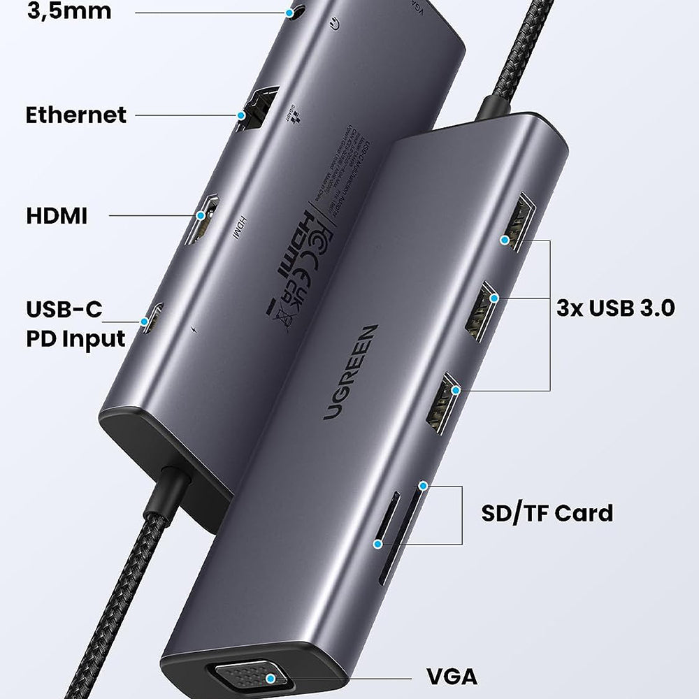 Ugreen - Docking Station CM498 (15601) - USB-C to Type-C, 3x USB, HDMI, RJ45, Jack 3.5mm, VGA, TF, SD Card - Gray