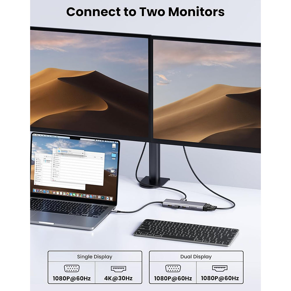 Ugreen - Docking Station CM498 (15601) - USB-C to Type-C, 3x USB, HDMI, RJ45, Jack 3.5mm, VGA, TF, SD Card - Gray