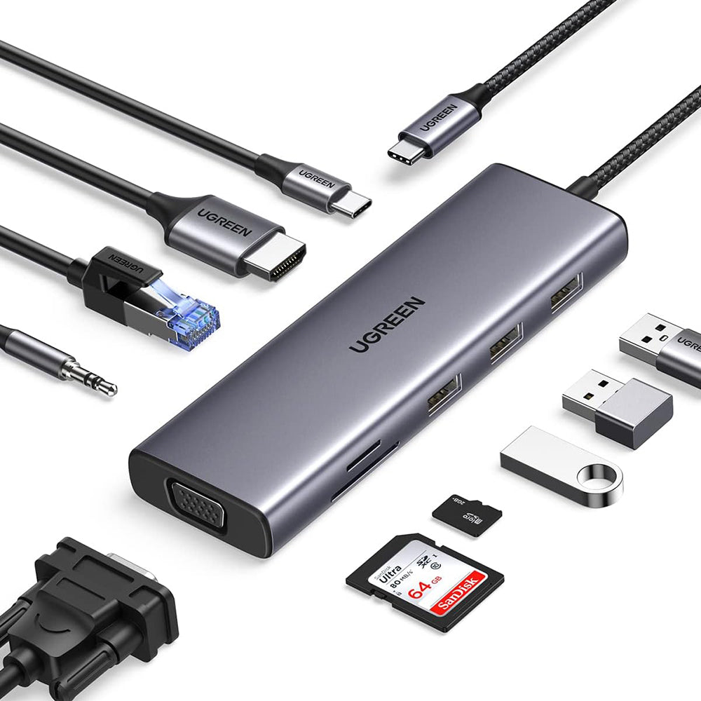 Ugreen - Docking Station CM498 (15601) - USB-C to Type-C, 3x USB, HDMI, RJ45, Jack 3.5mm, VGA, TF, SD Card - Gray