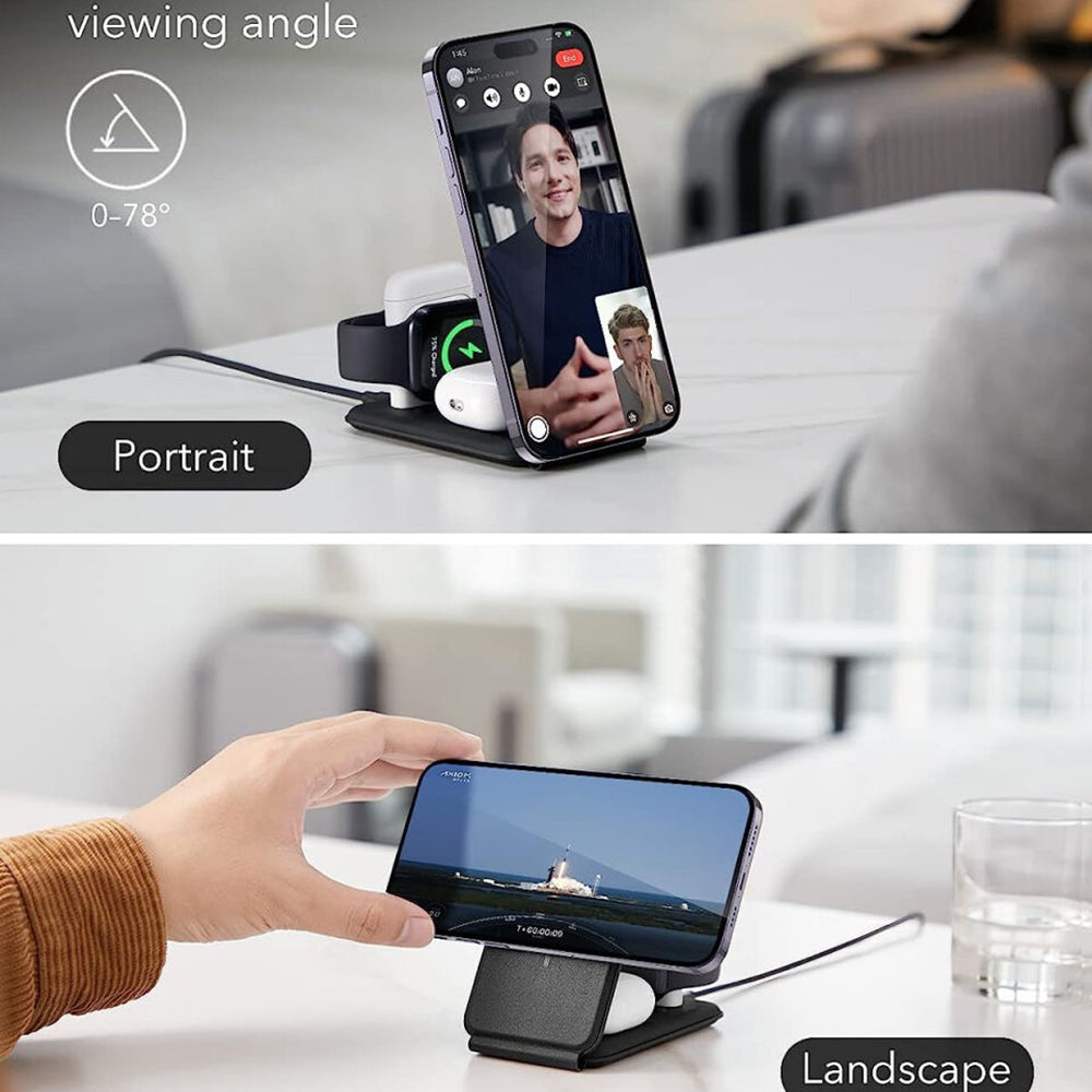 ESR - Premium 3in1 Travel Wireless Charging Set (2C569A) - for iPhone, MFi Apple Watch, AirPods, Qi2 15W - Black