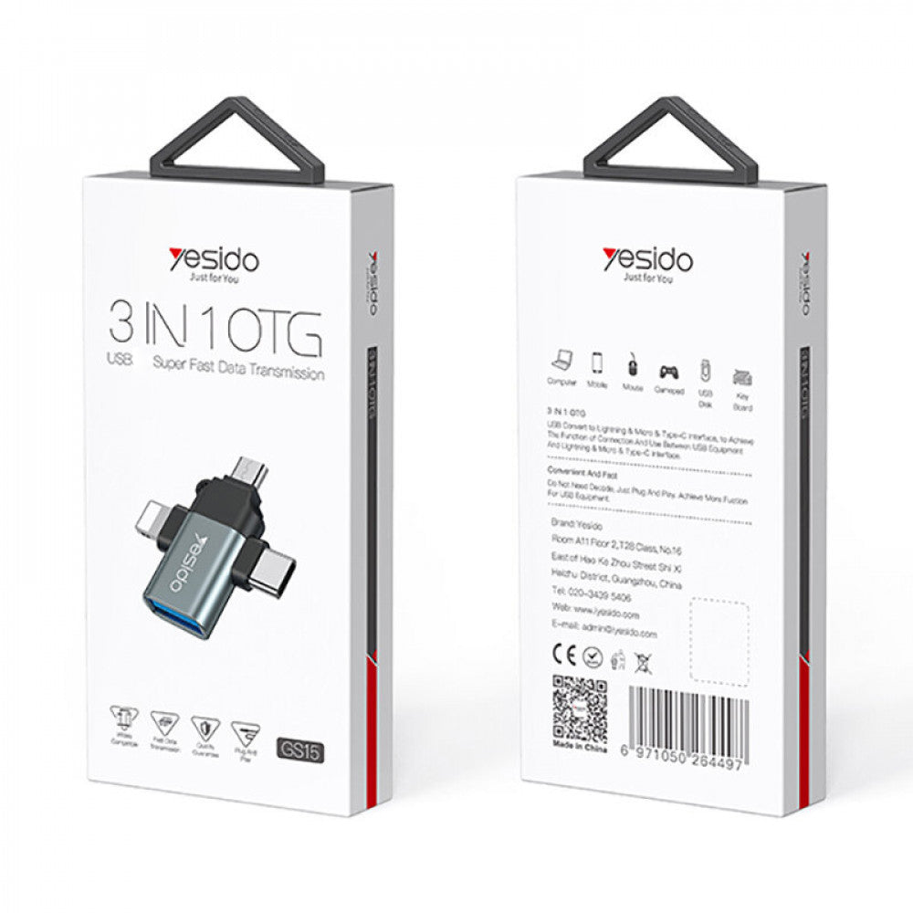 Yesido - OTG Adapter (GS15) - USB to Lightning, Micro-USB, Type-C, Plug & Play, 480Mbps - Black