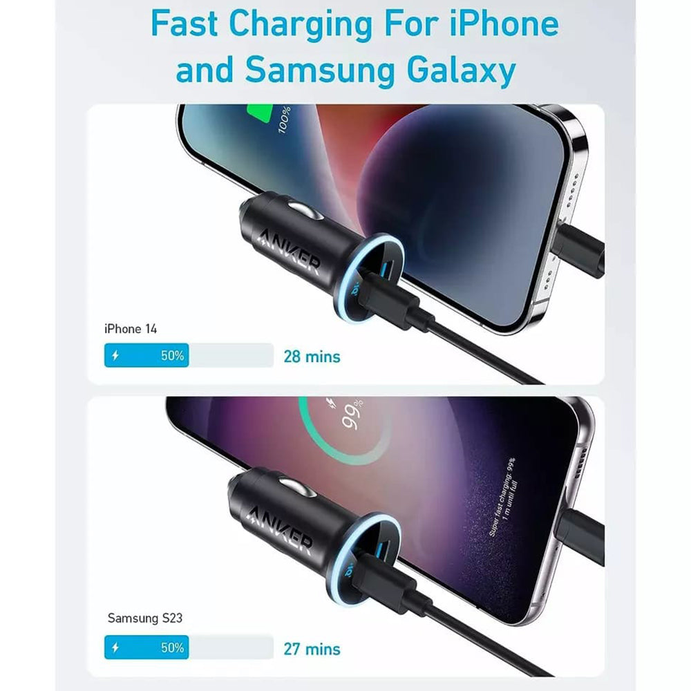 Anker - Car Charger 323 (A2735G11) - USB, Type-C, LED Light, 52.5W - Black