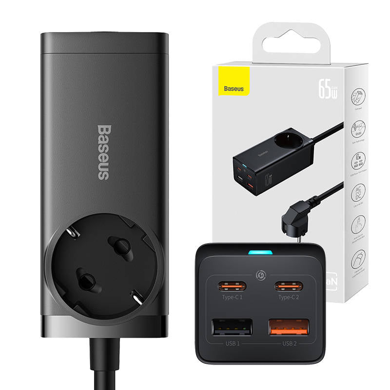 Baseus - Extension Cord (PSZM000901) - Powerstrip GaN3 Pro 2xUSB + 2xUSB-C + AC, 65W - Black