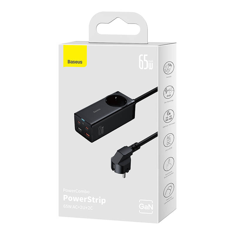 Baseus - Extension Cord (PSZM000901) - Powerstrip GaN3 Pro 2xUSB + 2xUSB-C + AC, 65W - Black