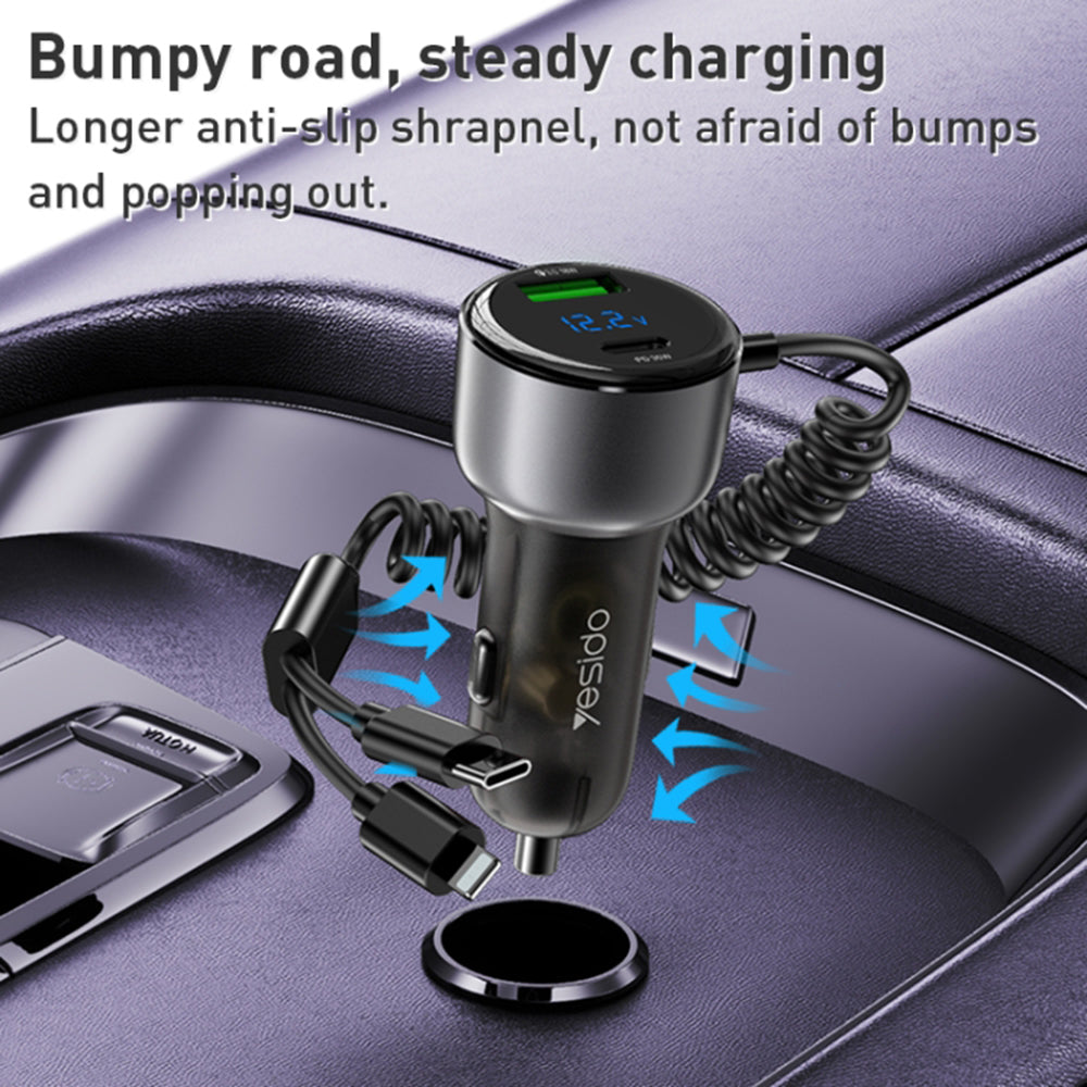 Yesido - Car Charger (Y58) - USB, Type-C, with Cable Lightning, Type-C, Fast Charging, 60W, 120cm - Grey