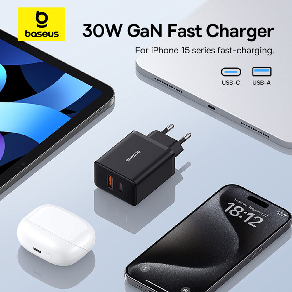 Baseus - Wall Charger (P10111404113-00) - USB, Type-C, Fast Charge 30W - Cluster Black