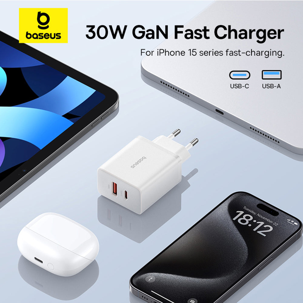 Baseus - Wall Charger (P10111404213-00) - USB, Type-C, Fast Charge 30W - Moon White