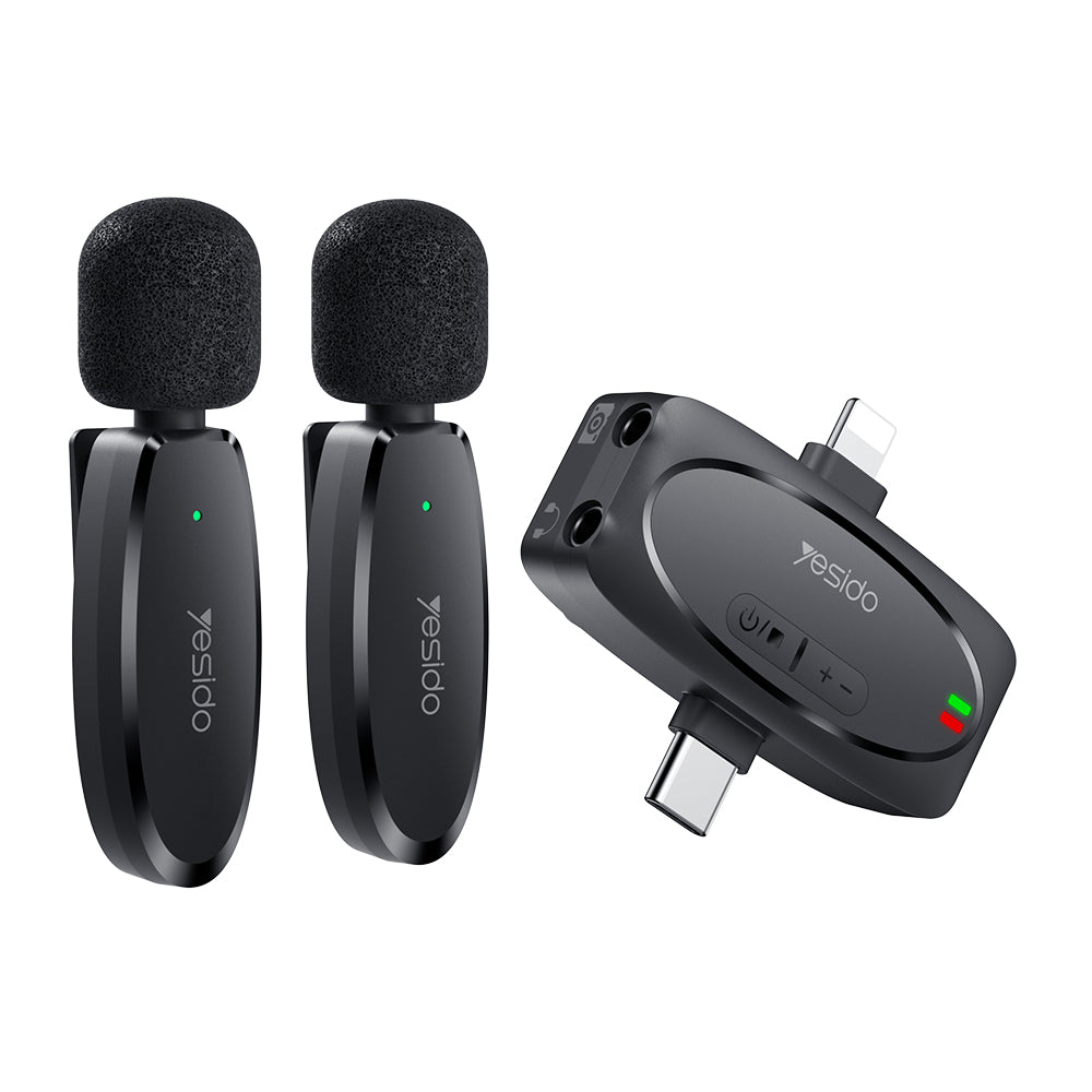Yesido - (2 pack) Wireless Lavalier Microphones (KR15) - 3 in 1 Receiver, TC, Lighting, 3.5mm Jack, 2.4GHz - Black