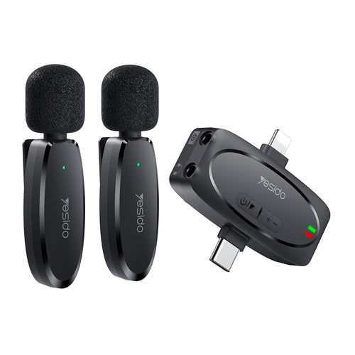 Yesido - (2 pack) Wireless Lavalier Microphones (KR15) - 3 in 1 Receiver, TC, Lighting, 3.5mm Jack, 2.4GHz - Black