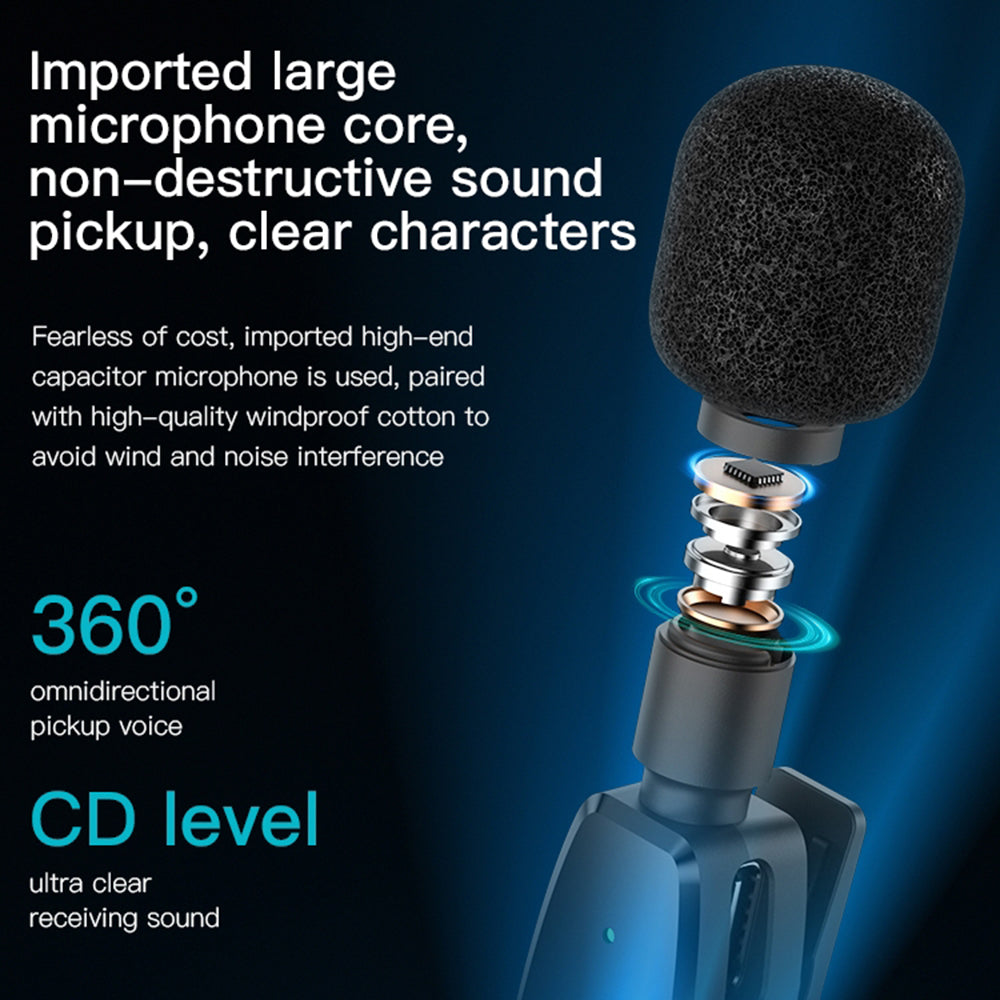Yesido - (2 pack) Wireless Lavalier Microphones (KR15) - 3 in 1 Receiver, TC, Lighting, 3.5mm Jack, 2.4GHz - Black