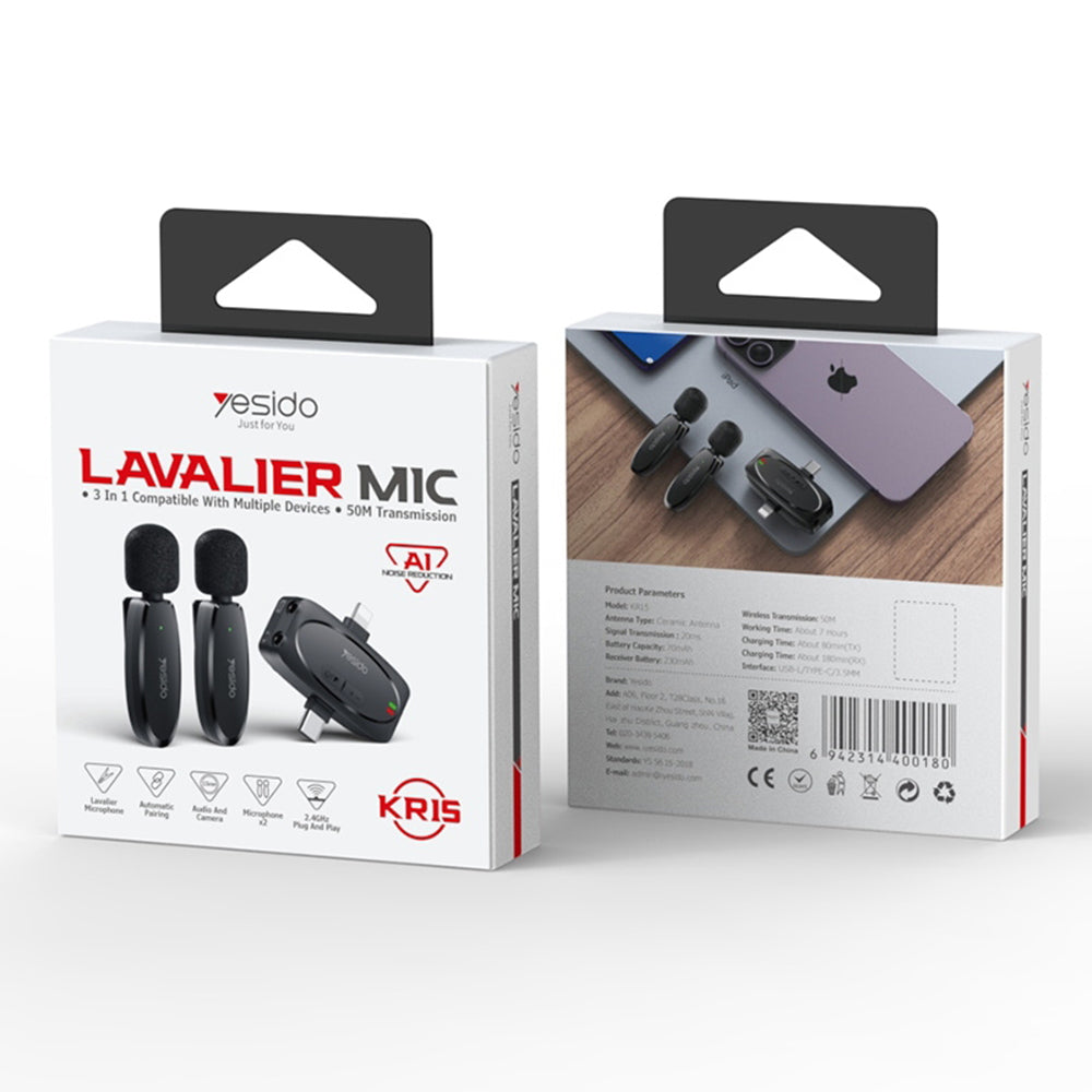 Yesido - (2 pack) Wireless Lavalier Microphones (KR15) - 3 in 1 Receiver, TC, Lighting, 3.5mm Jack, 2.4GHz - Black