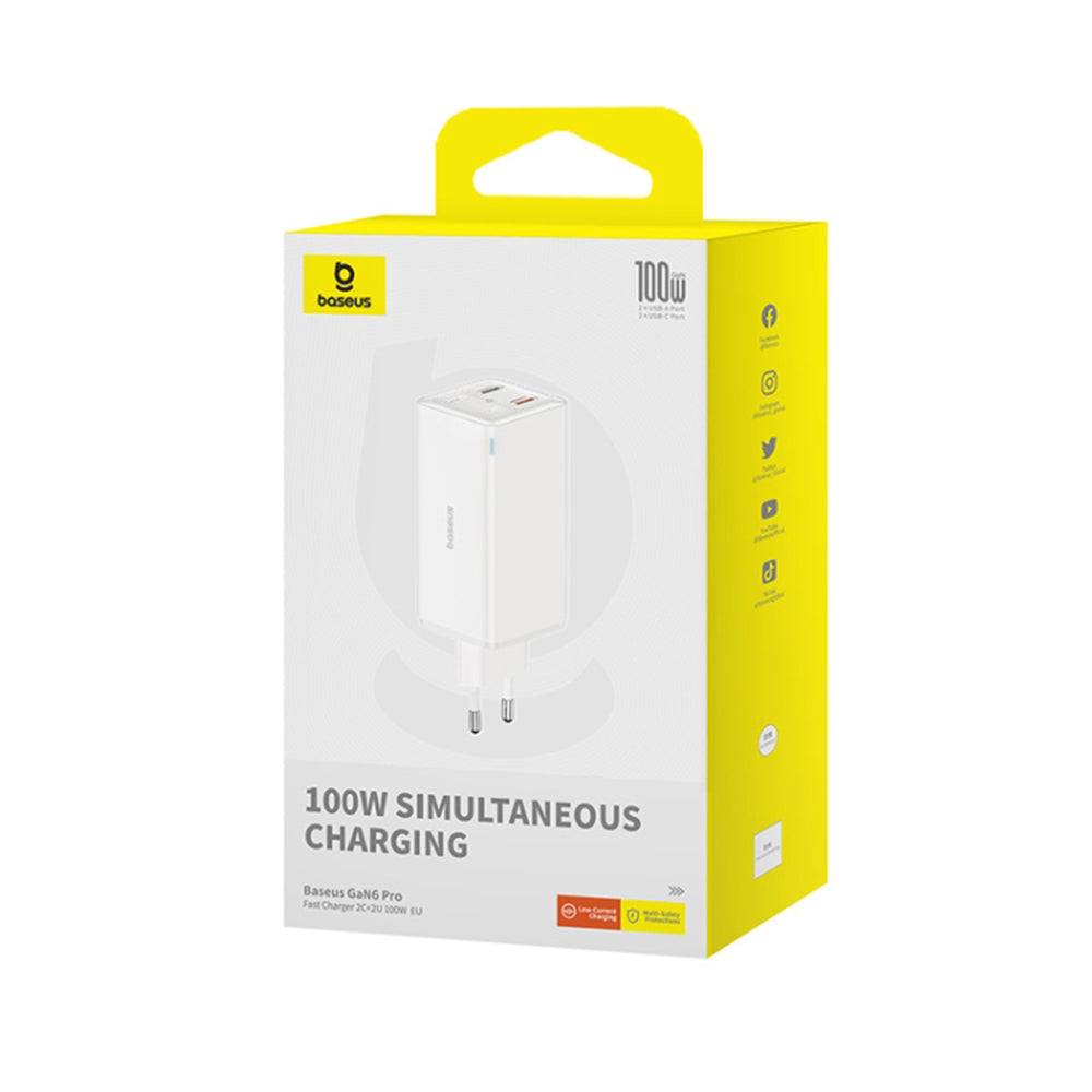 Baseus - Wall Charger GaN6 Pro (P10162705212-00) - Type-C Cable Included, 2x USB, 2x Type-C, 100W, 100W, 20V, 5A, 1m - W