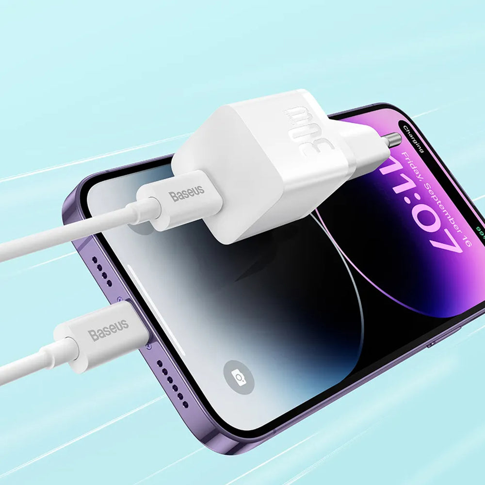 Baseus - Wall Charger (P10110902213-00) - Type-C Cable Included, GaN, Type-C, Fast Charging, 30W, 1m - Moon White