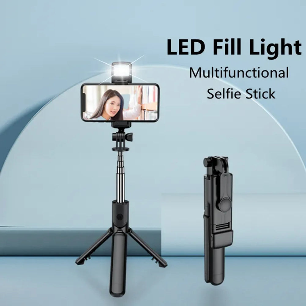 Techsuit - Mini Selfie Stick (S03-S) - Stable & Compact Tripod Mount, Bluetooth Remote Control, LED Light, 67cm - Black