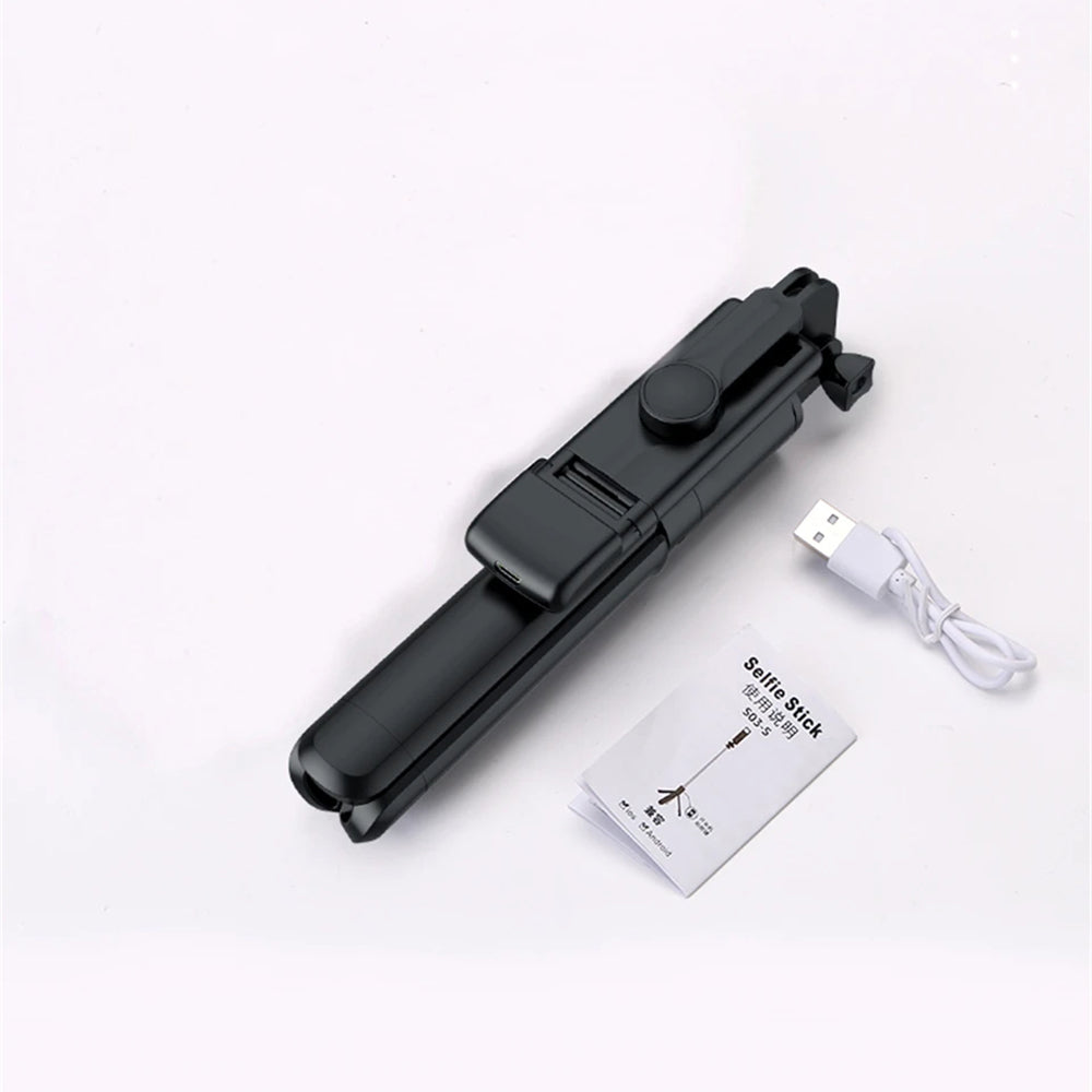 Techsuit - Mini Selfie Stick (S03-S) - Stable & Compact Tripod Mount, Bluetooth Remote Control, LED Light, 67cm - Black