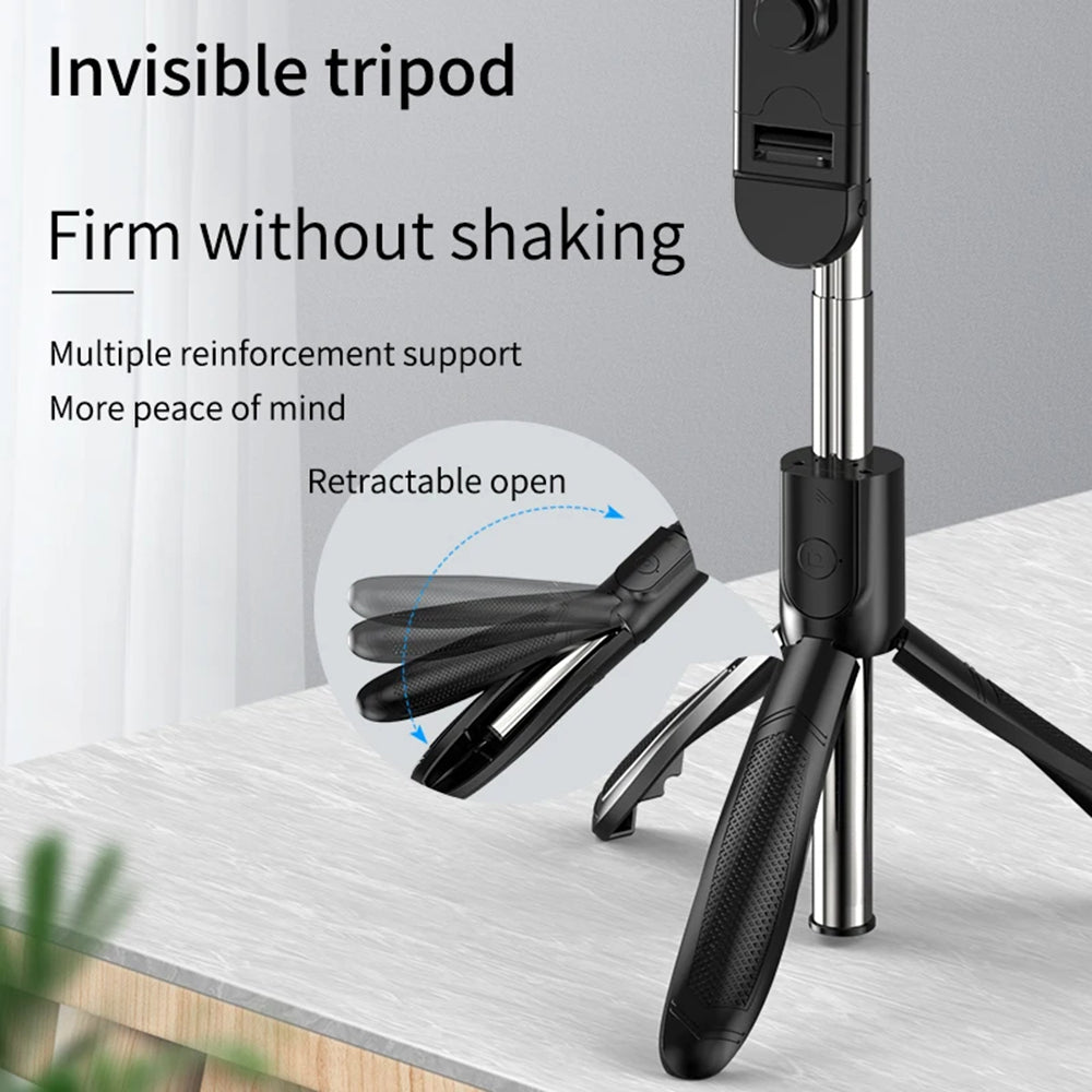 Techsuit - Selfie Stick (S01-S) - Compact Tripod Mount with Bluetooth Remote Control, LED Fill Light, Foldable, 70cm - B