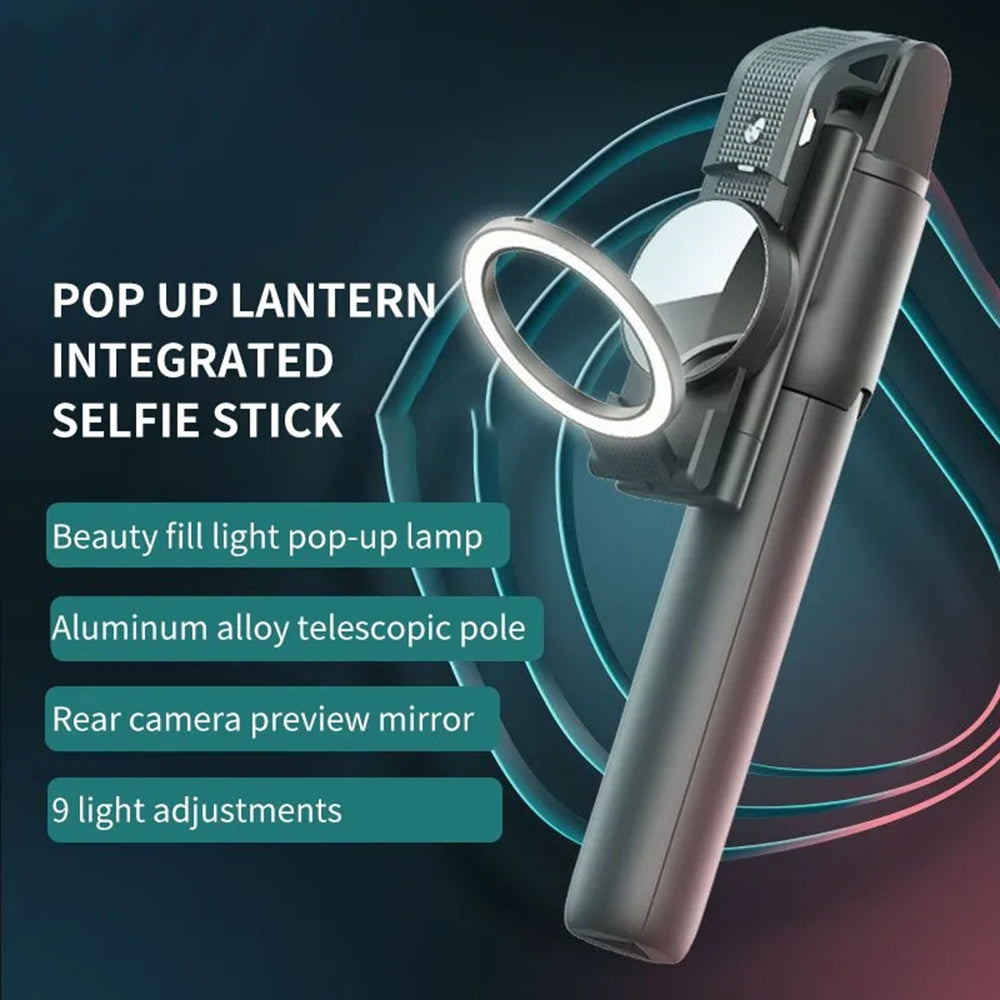 Techsuit - Selfie Stick (K13) - Compact Tripod Mount with Bluetooth Remote Control, LED Beauty Light, Foldable, 84cm - B