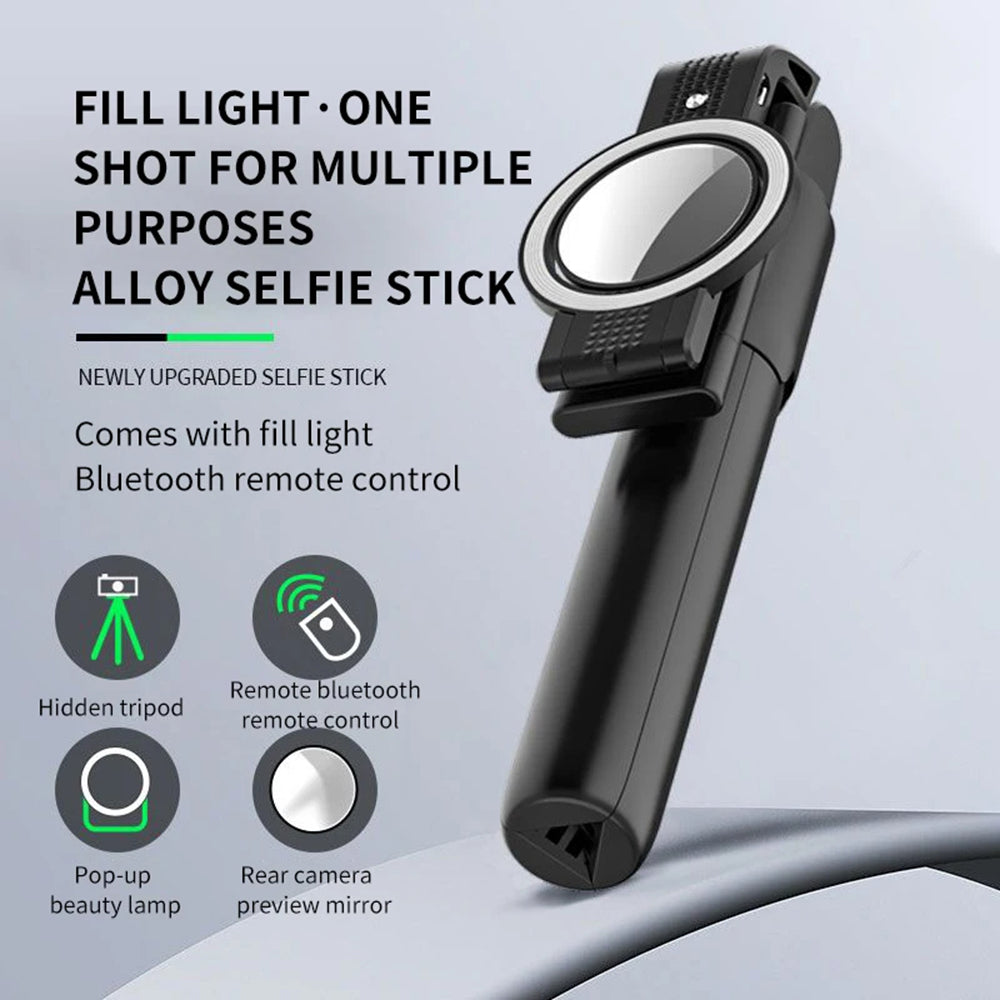 Techsuit - Selfie Stick (K13) - Compact Tripod Mount with Bluetooth Remote Control, LED Beauty Light, Foldable, 84cm - B