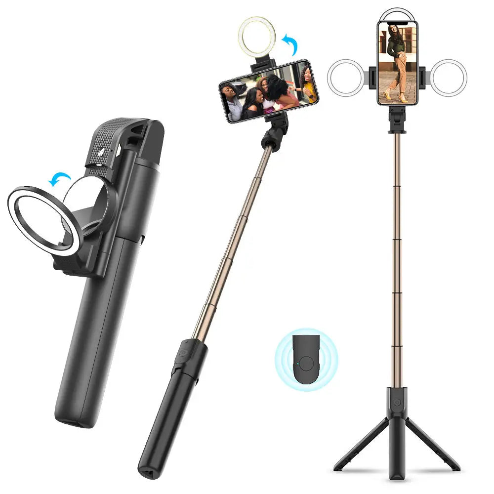 Techsuit - Selfie Stick (K13) - Compact Tripod Mount with Bluetooth Remote Control, LED Beauty Light, Foldable, 84cm - B