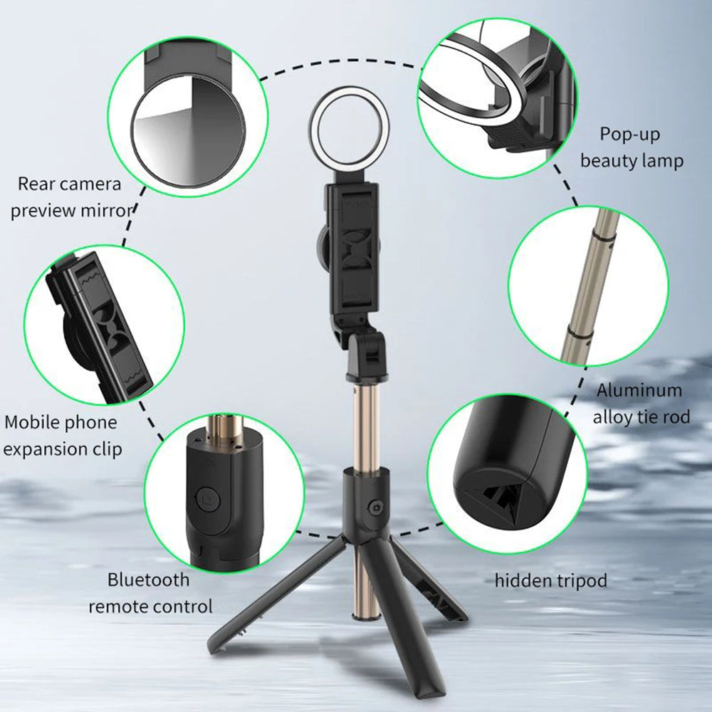 Techsuit - Selfie Stick (K13) - Compact Tripod Mount with Bluetooth Remote Control, LED Beauty Light, Foldable, 84cm - B
