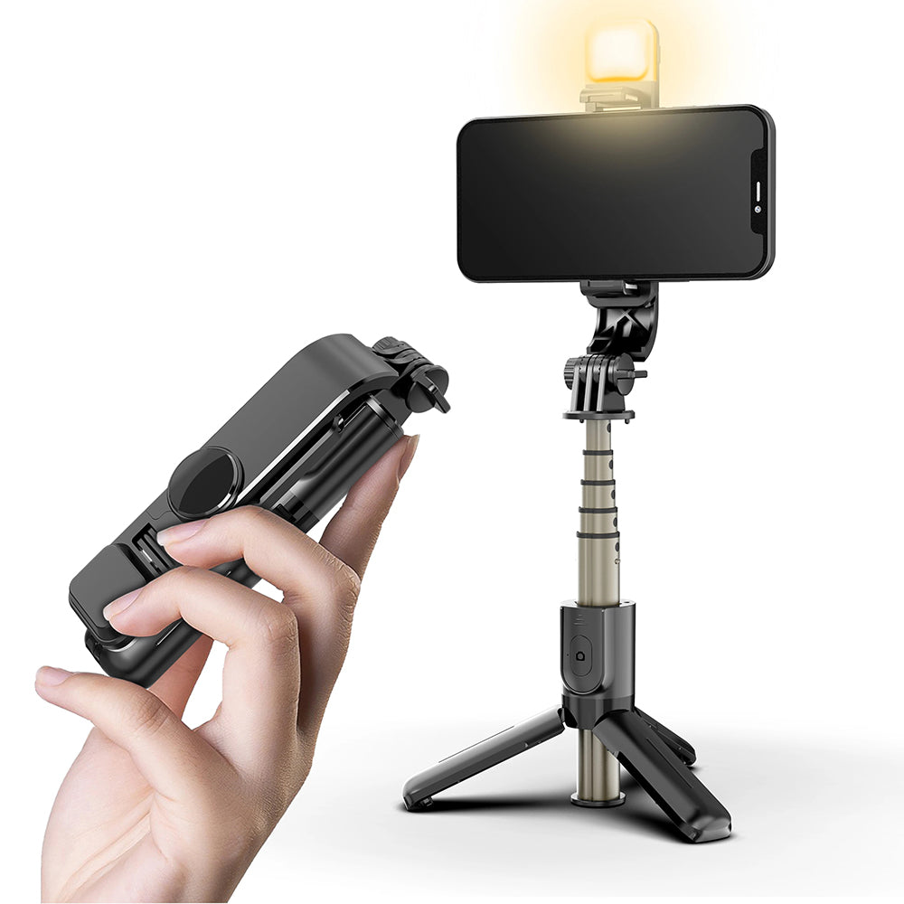 Techsuit - Mini Selfie Stick (L10s) - Stable Tripod with Bluetooth Remote Control and Fill Light, 70cm - Black