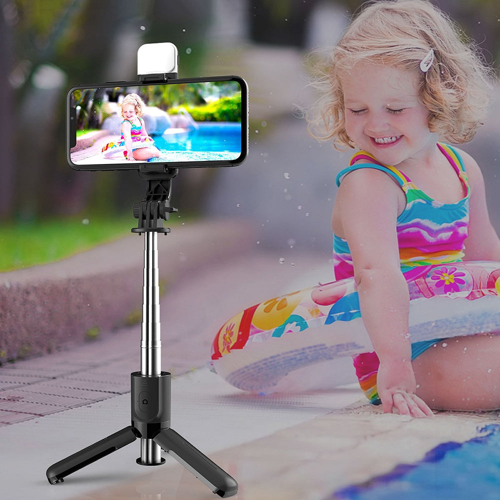 Techsuit - Mini Selfie Stick (L11s) - Stable Tripod with Bluetooth Remote Control and LED Light, 75cm - Black