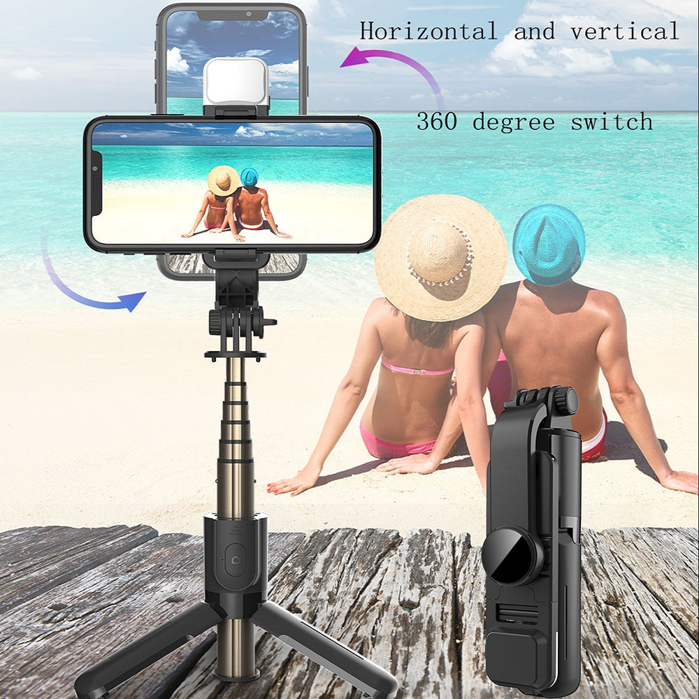Techsuit - Mini Selfie Stick (L11s) - Stable Tripod with Bluetooth Remote Control and LED Light, 75cm - Black