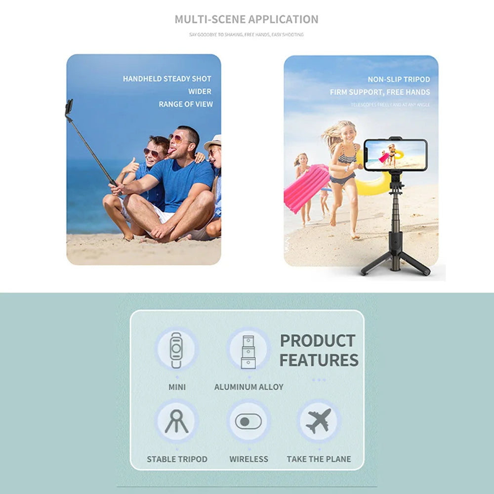 Techsuit - Mini Selfie Stick (L10) - Stable Tripod with Bluetooth Remote Control, 360 Rotation, Aluminium Alloy, 68cm - 