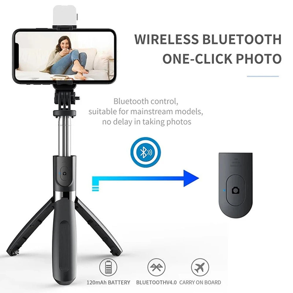 Techsuit - Selfie Stick (L02s) - Stable Tripod with Bluetooth Remote Control and Fill Light, Stainless Steel, 104cm - Bl