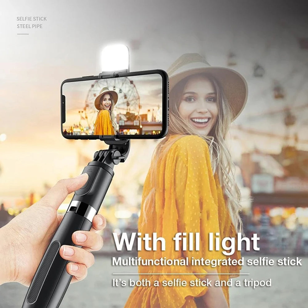 Techsuit - Selfie Stick (L02s) - Stable Tripod with Bluetooth Remote Control and Fill Light, Stainless Steel, 104cm - Bl