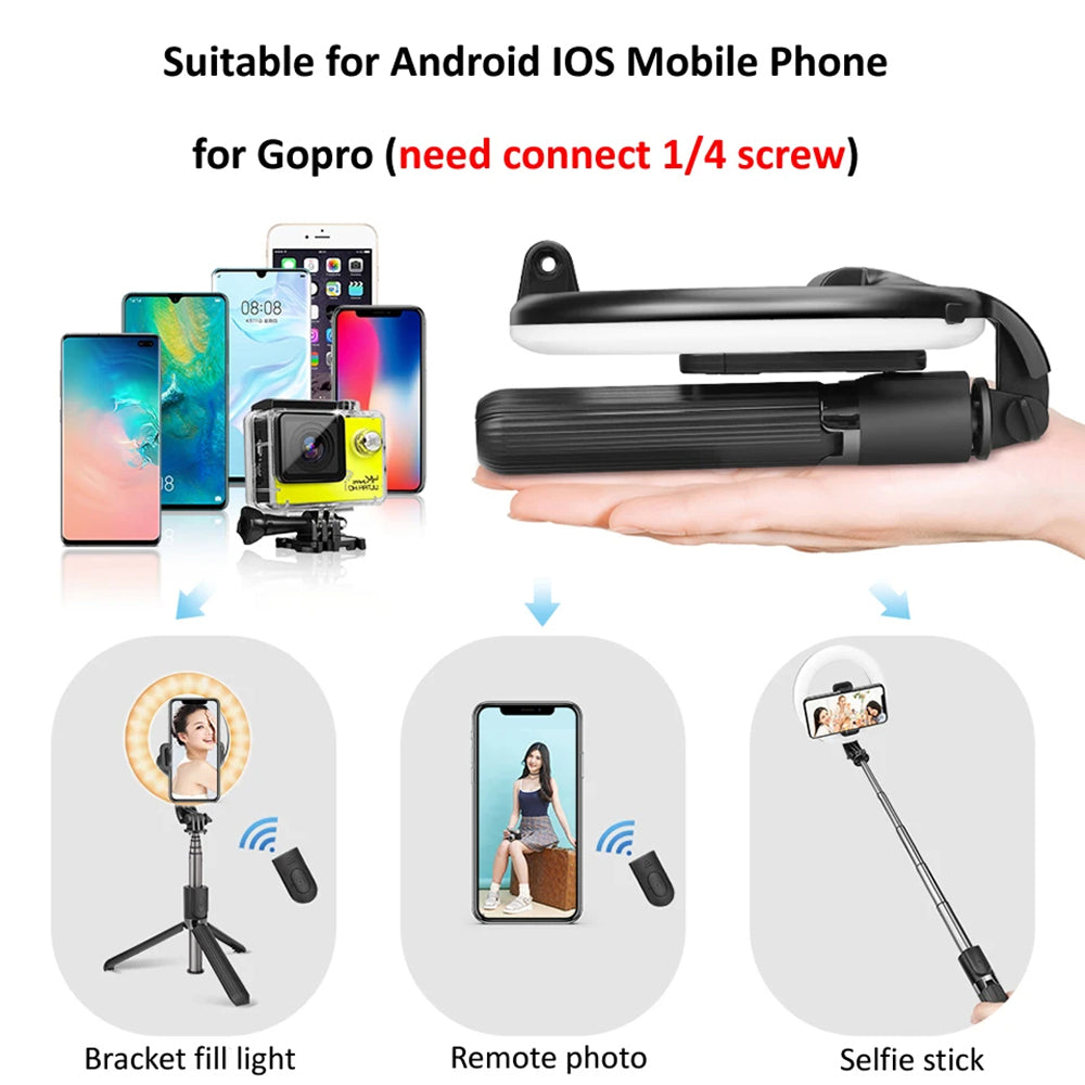 Techsuit - Selfie Stick (L07) - Stable Tripod with Bluetooth Remote Control and Beauty Ring Light, 90cm - Black