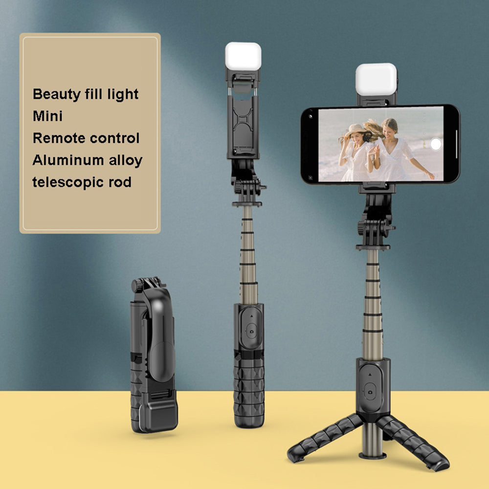 Techsuit - Mini Selfie Stick (Q10s) - Stable Tripod with Bluetooth Remote Control, Fill Light, 360 Rotation, 70cm - Blac