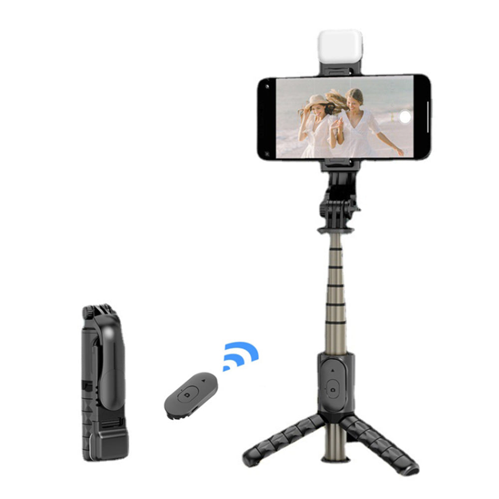 Techsuit - Mini Selfie Stick (Q10s) - Stable Tripod with Bluetooth Remote Control, Fill Light, 360 Rotation, 70cm - Blac