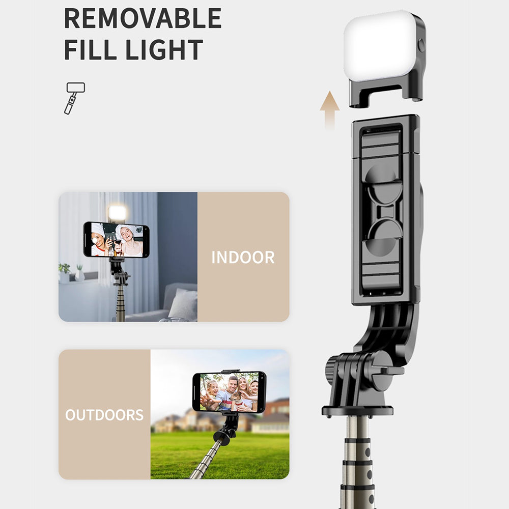 Techsuit - Mini Selfie Stick (Q10s) - Stable Tripod with Bluetooth Remote Control, Fill Light, 360 Rotation, 70cm - Blac