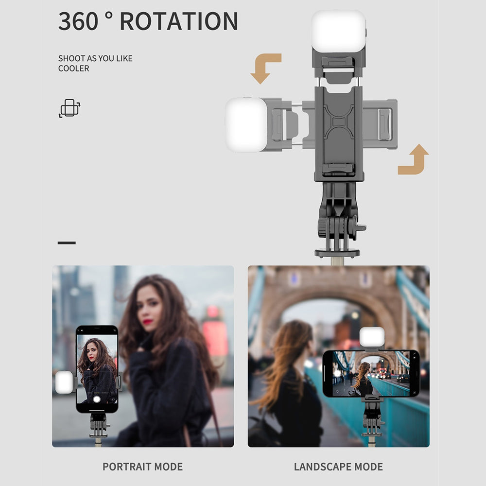Techsuit - Mini Selfie Stick (Q10s) - Stable Tripod with Bluetooth Remote Control, Fill Light, 360 Rotation, 70cm - Blac