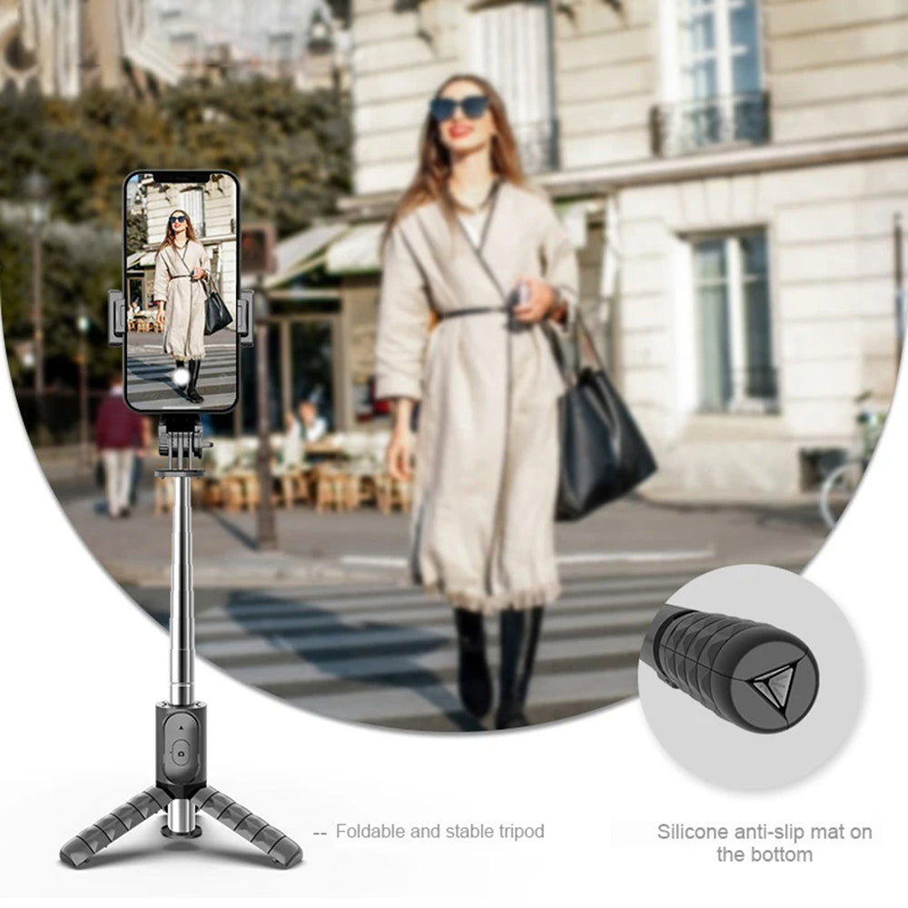 Techsuit - Mini Selfie Stick (Q11s) - Stable Tripod with Bluetooth Remote Control and Fill Light, 360 Rotation, 76cm - B