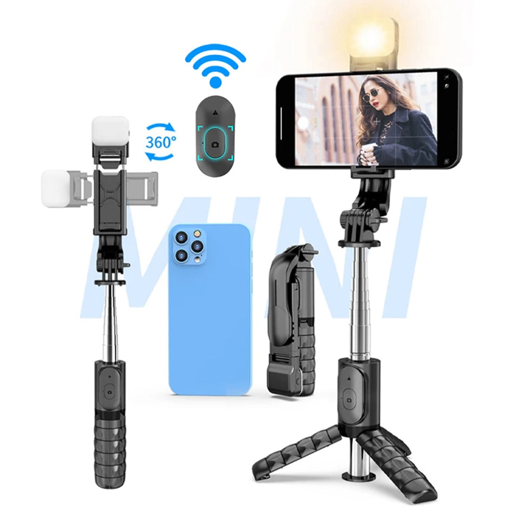 Techsuit - Mini Selfie Stick (Q11s) - Stable Tripod with Bluetooth Remote Control and Fill Light, 360 Rotation, 76cm - B