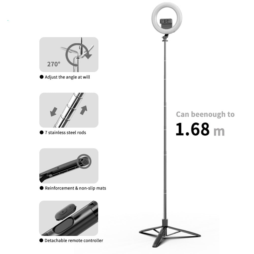 Techsuit - Selfie Stick (Q05s) - Stable Tripod with Bluetooth Remote Control and Ring Light, Stainless Steel, 170cm - Bl