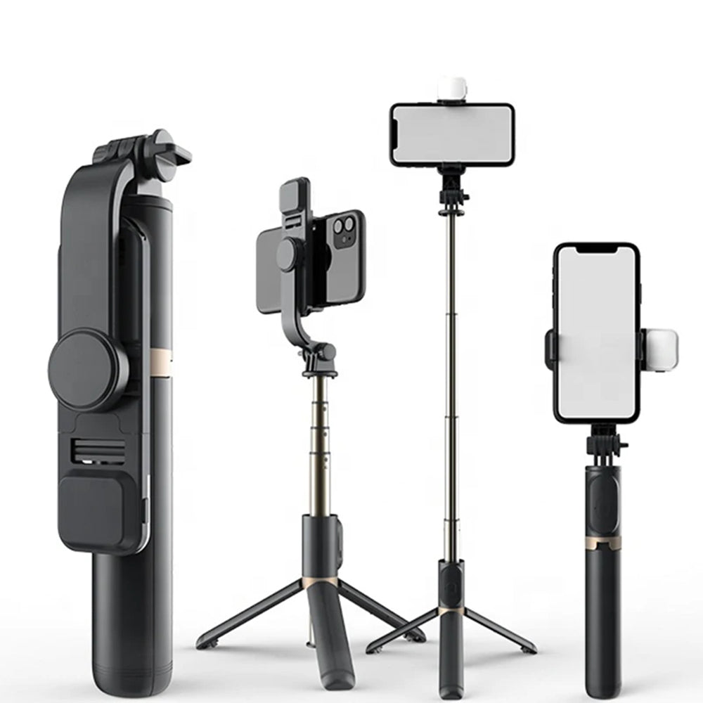 Techsuit - Selfie Stick (Q03s) - Stable Tripod with Bluetooth Remote Control and Fill Light, Aluminium Alloy, 76cm - Bla