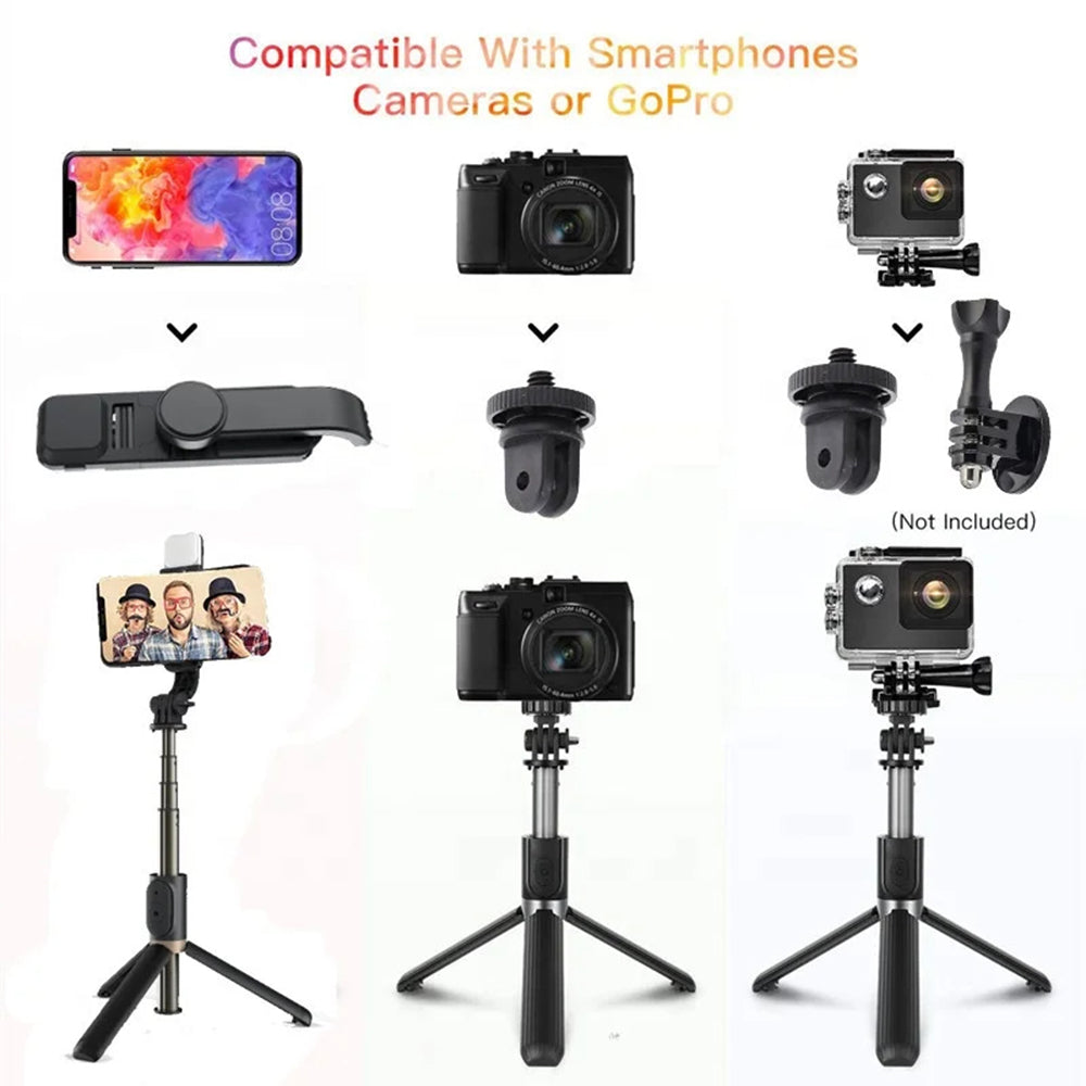 Techsuit - Selfie Stick (Q03s) - Stable Tripod with Bluetooth Remote Control and Fill Light, Aluminium Alloy, 76cm - Bla