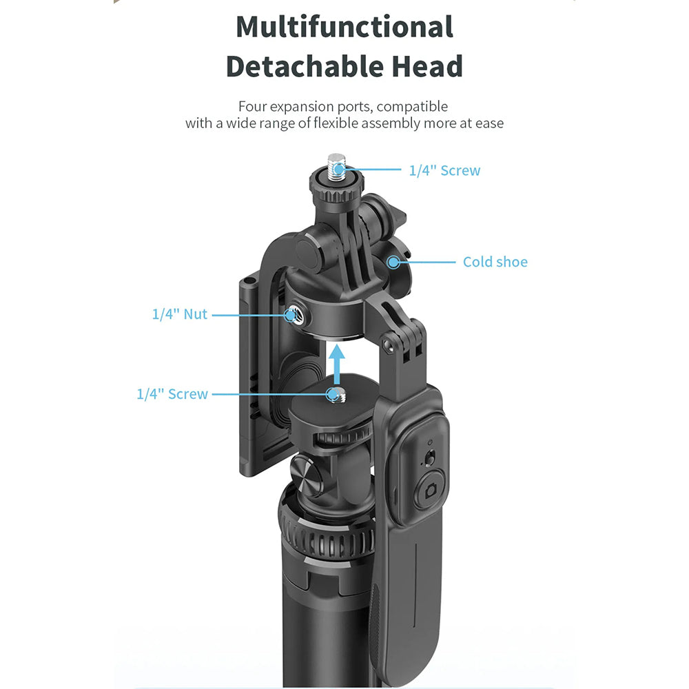 Techsuit - Selfie Stick (C05) - Large Ajustable Tripod with Bluetooth Remote Control, 360, Aluminium Alloy, 205cm - Blac